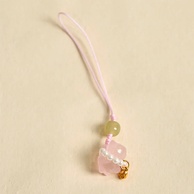 Buddha Stones Pink Crystal Amethyst Citrine Pearl Fu Character Lucky Kitten Warmth Phone Hanging Decoration