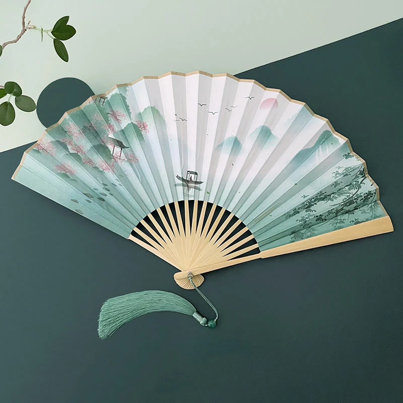 Buddha Stones Retro Lotus Flower Leaf Mountain Lake Handheld Folding Fan With Bamboo Frames