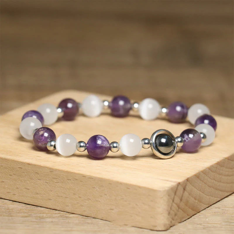 Buddha Stones Natural Amethyst White Cat's Eye Beads Balance Bracelet