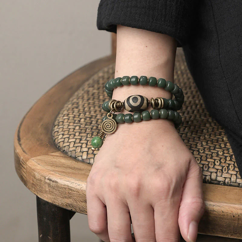 Buddha Stones Cyan Bodhi Seed Dzi Bead Wisdom Peace Triple Wrap Bracelet