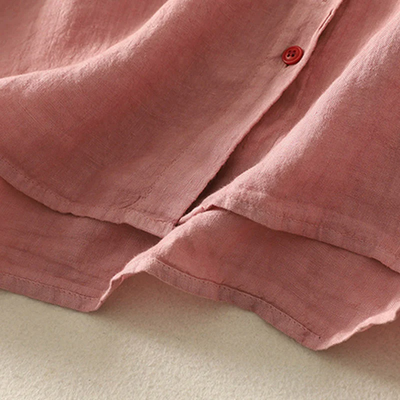 Buddha Stones Summer Plain Red Buttons Short Sleeve Women's Cotton Linen Shirt