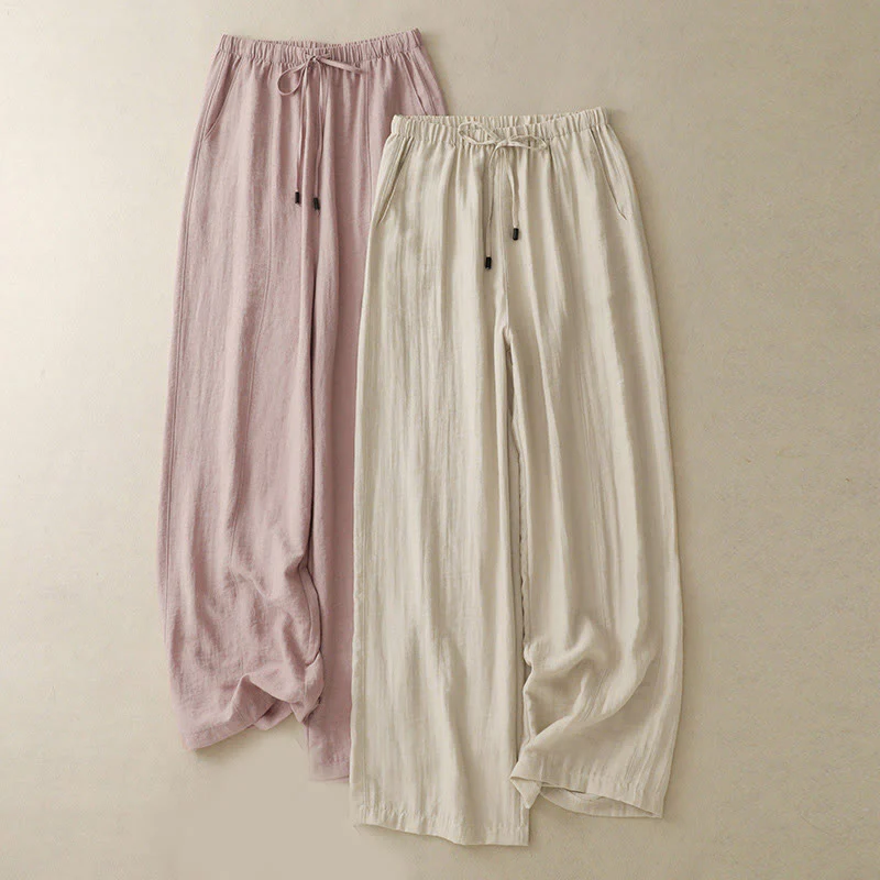 Buddha Stones Summer Drawstring Design Women's Wide Leg Pants With Pockets