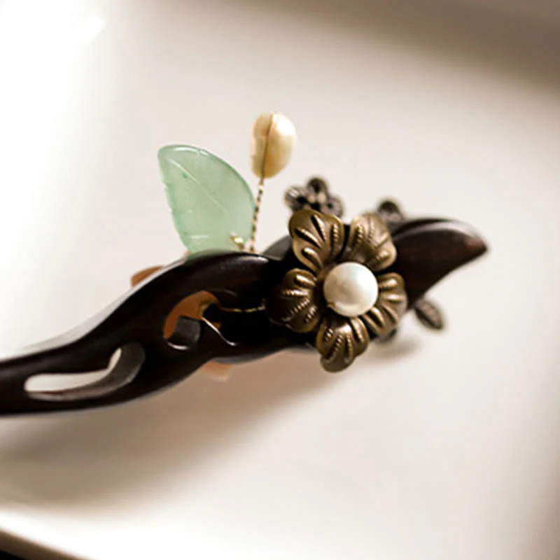 Buddha Stones Ebony Shell Flower Leaves Blessing Hairpin