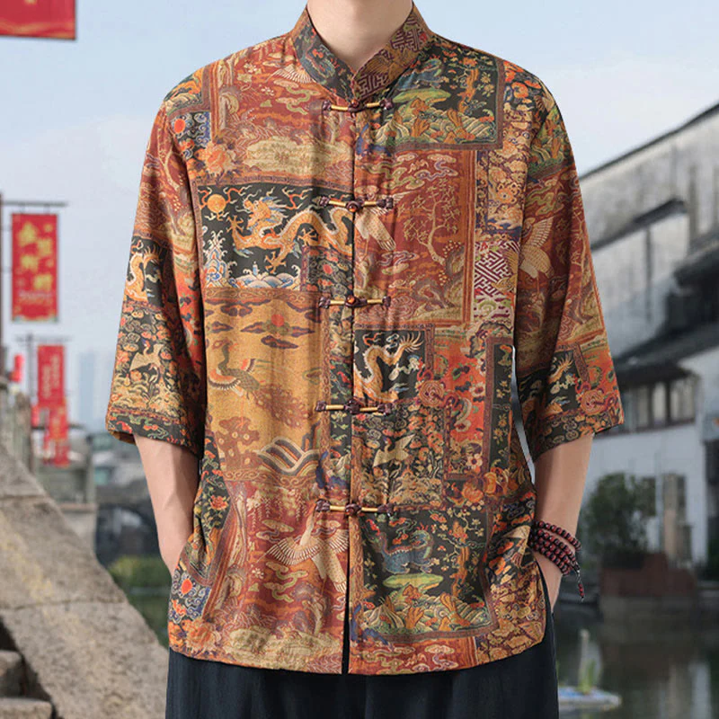 Buddha Stones Dragon Auspicious Clouds Green Mountains Chinese Frog-Button Men's Half Sleeve Cotton Linen Shirt