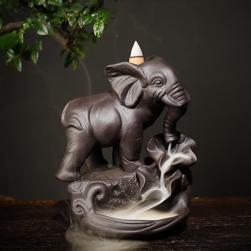 Buddha Stones Tibetan Elephant Purple Clay Backflow Smoke Fountain Peace Healing Incense Burner Decoration