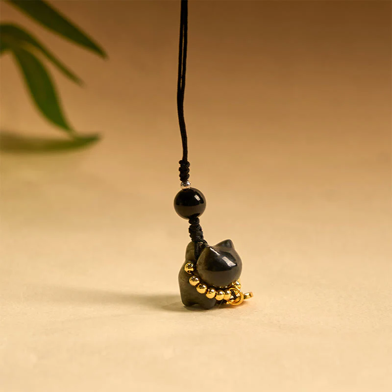 Buddha Stones Silver Sheen Obsidian Black Obsidian Gold Sheen Obsidian Cute Cat Fu Character Protection Key Chain Phone Hanging Decoration