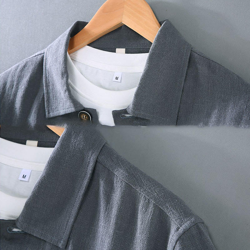 Buddha Stones Casual Plain Long Sleeve Button Lapel  Design Men's Ramie Linen Jacket With Pockets