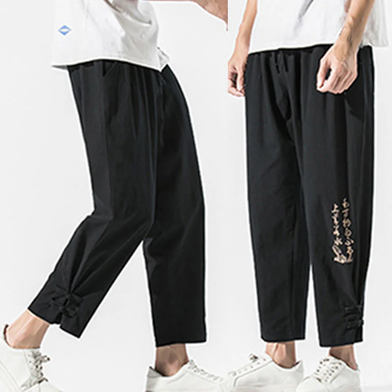 Buddha Stones Summer Chinese Characters Embroidery Men's Cotton Linen Pants With Pockets