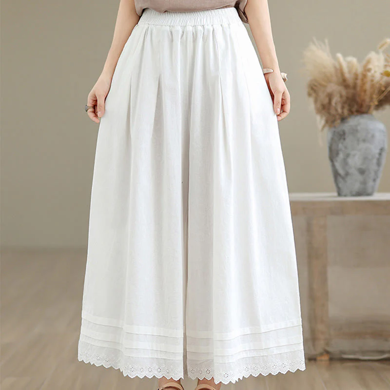 Buddha Stones Commute Simple Lace Design 7-8 Length Women's Wide Leg Cotton Linen Pants With Pockets