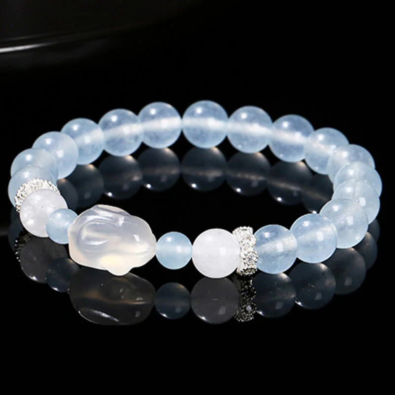 Buddha Stones Blue Chalcedony White Agate Rabbit Emotional Balance Bracelet