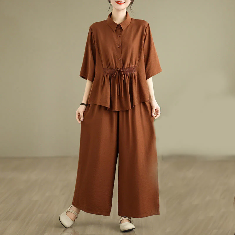Buddha Stones 2pcs Casual Women's Stand Collar Shirt Loose Pants Meditation Clothing Set