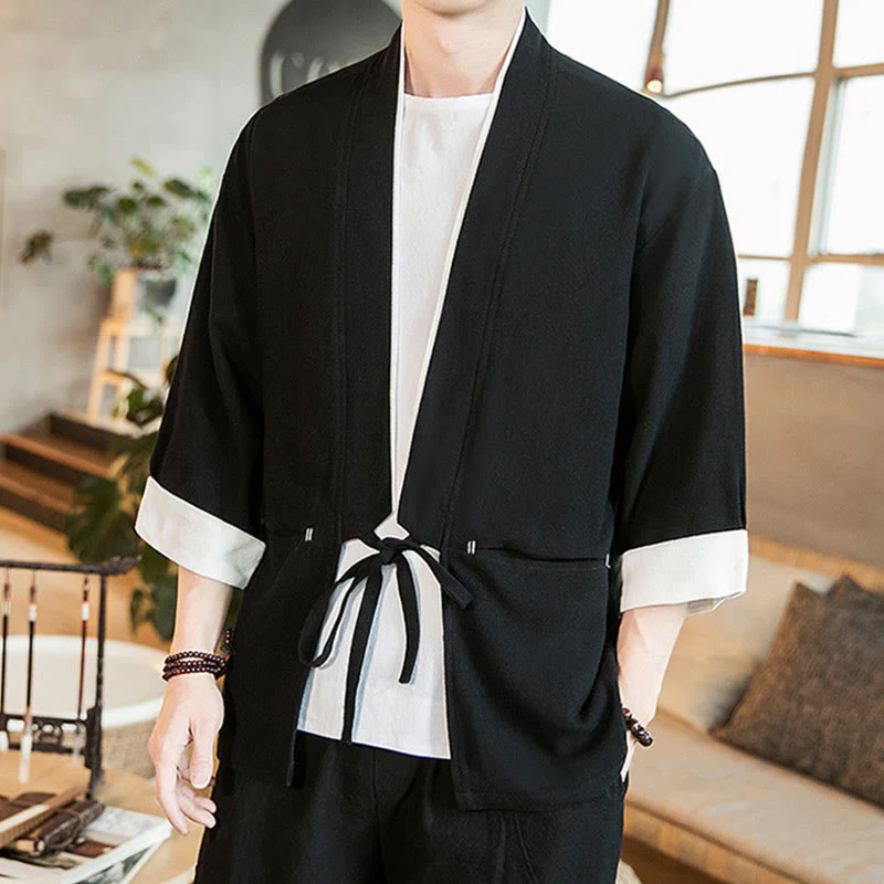Buddha Stones Lace-Up Design Open Front Jacket Cotton Linen Men's Kimono With Pockets