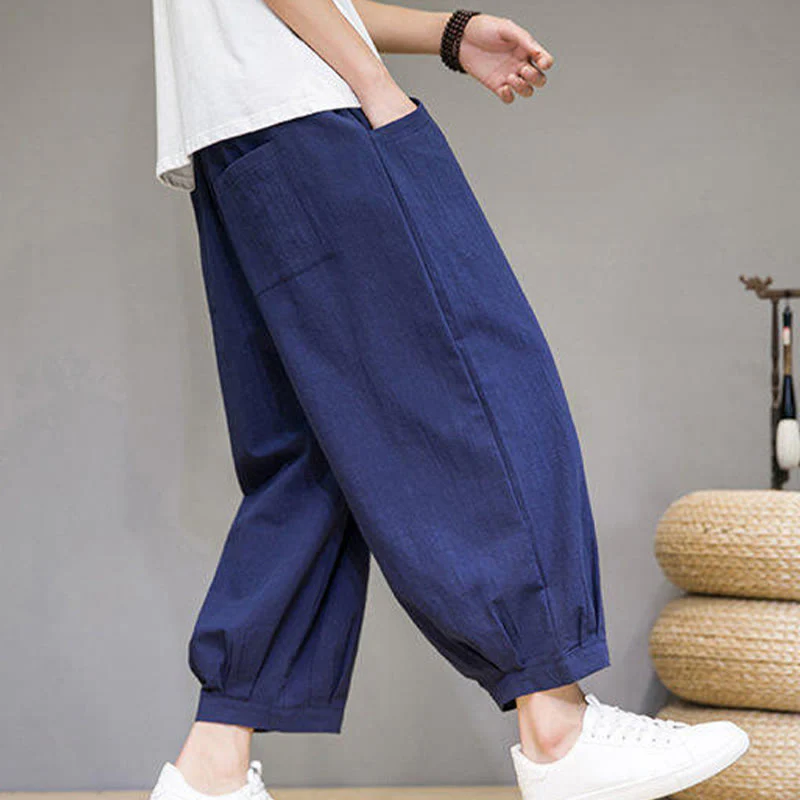 Buddha Stones Casual Plain Men's Cotton 7-8 Length Harem Pants With Pockets