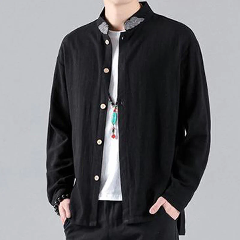 Buddha Stones Embroidered Auspicious Clouds Stand Collar Button Down Long Sleeve Men's Cotton Shirt