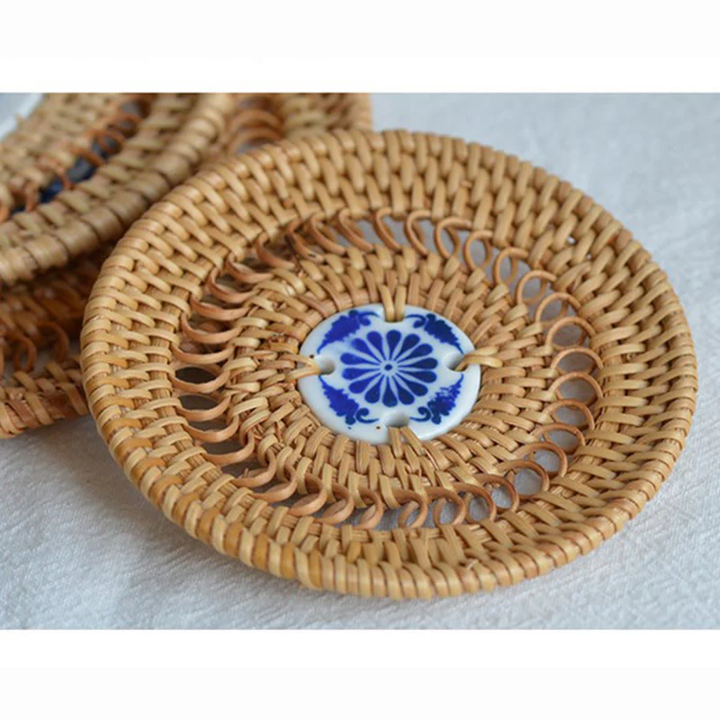 Buddha Stones Ceramic Flower Pattern Rattan Cup Mat Tea Cup Coaster