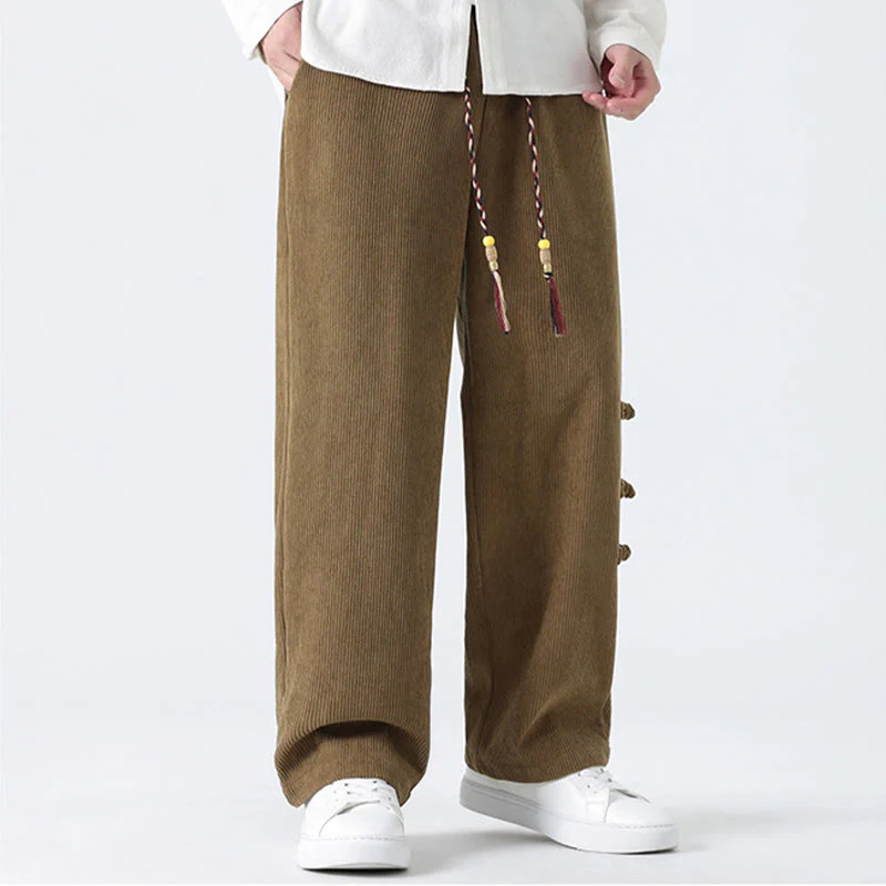 Buddha Stones Plain Chinese Frog-Button Design Drawstring Men's Corduroy Pants With Pockets