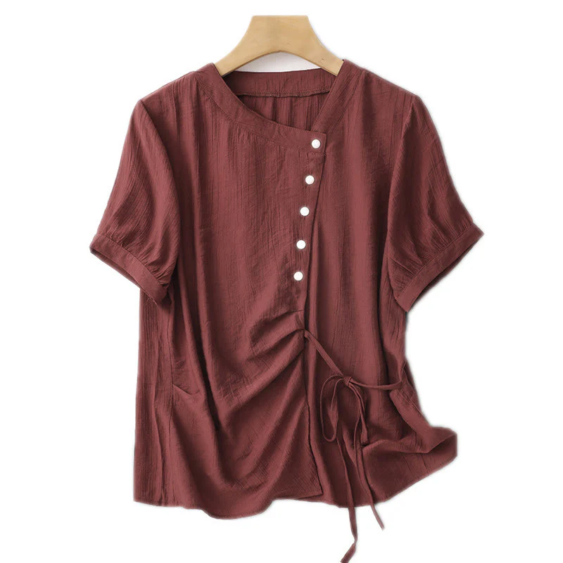 Buddha Stones Casual Plain Asymmetrical Lace-Up Design Puff Short Sleeve Women's Cotton Shirt