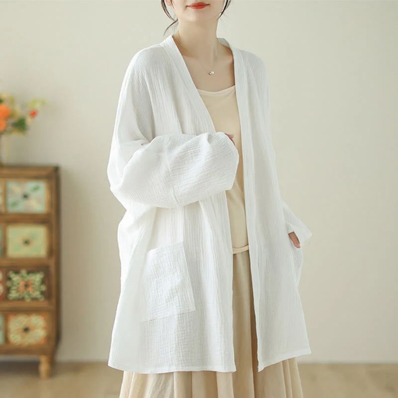 Buddha Stones Plain Long Sleeve Zen Meditation Cotton Linen Jacket With Pockets