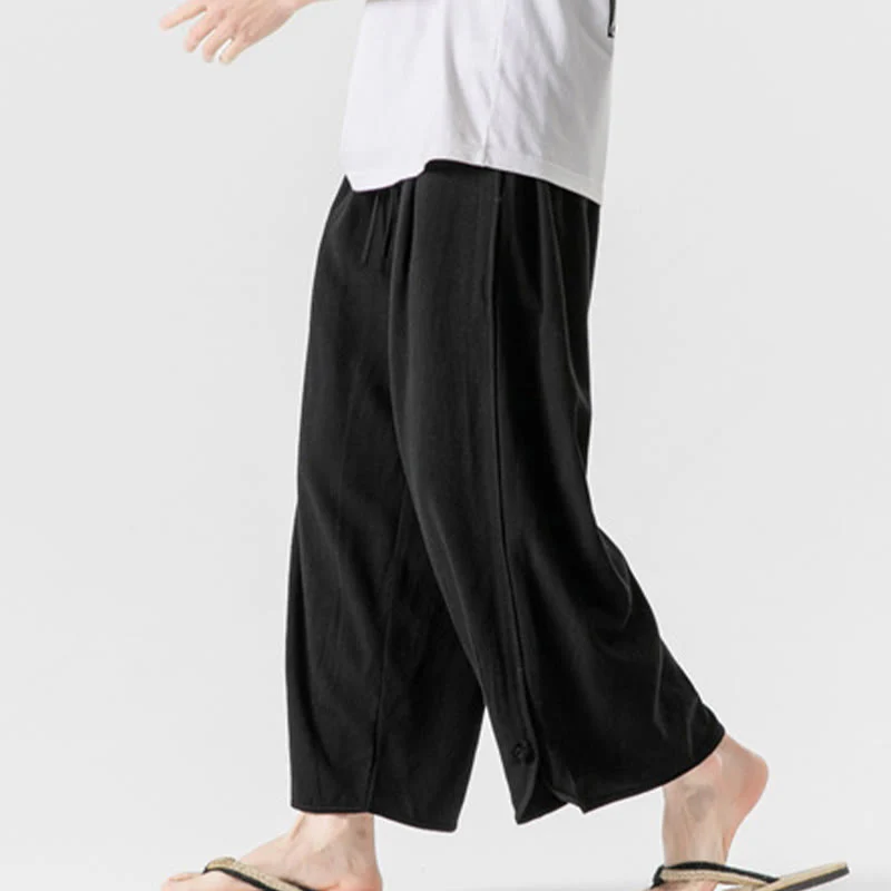 Buddha Stones Casual Loose Frog-Button Plain Men's Cotton Linen 7-8 Length Pants With Pockets