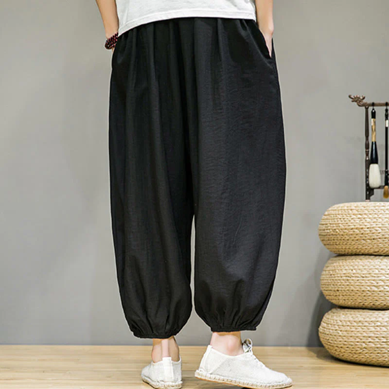 Buddha Stones Summer Plain Drawstring Men's Ankle-Length Cotton Harem Pants With Pockets