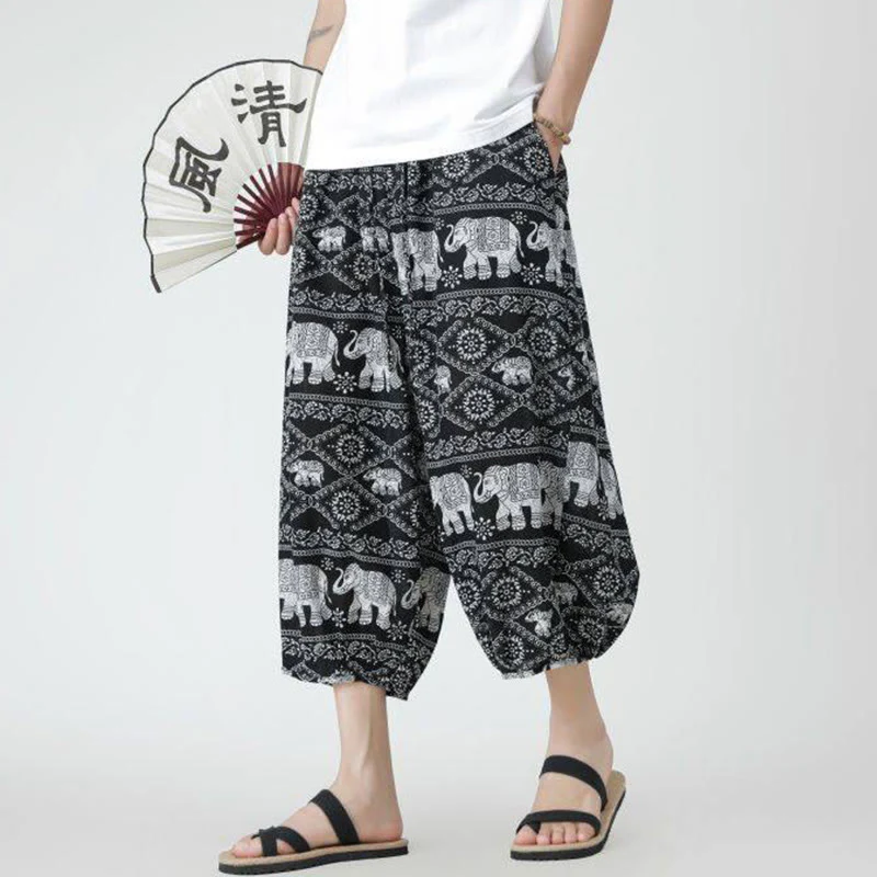 Buddha Stones Summer Square Patchwork Elephant Mandala Geometry Cotton Linen Men's 7-8 Length Pants With Pockets