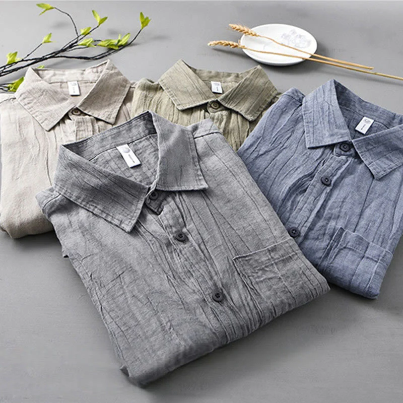 Buddha Stones Retro Pleats Buttons Men's Long Sleeve Ramie Linen Shirt With Pockets