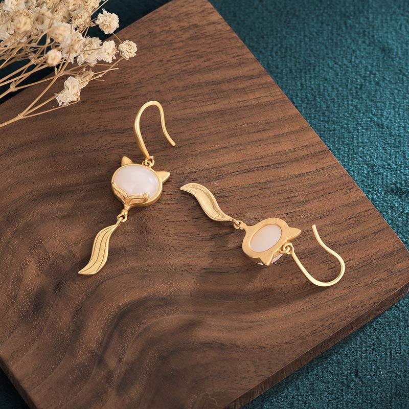 Buddha Stones FengShui White Jade Fox Fortune Earrings
