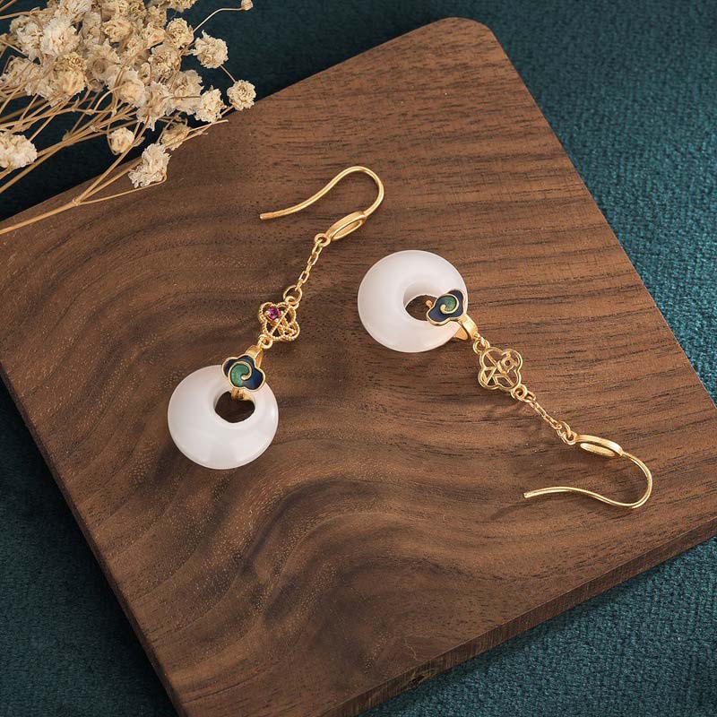 Buddha Stones FengShui White Jade Blessing Drop Earrings