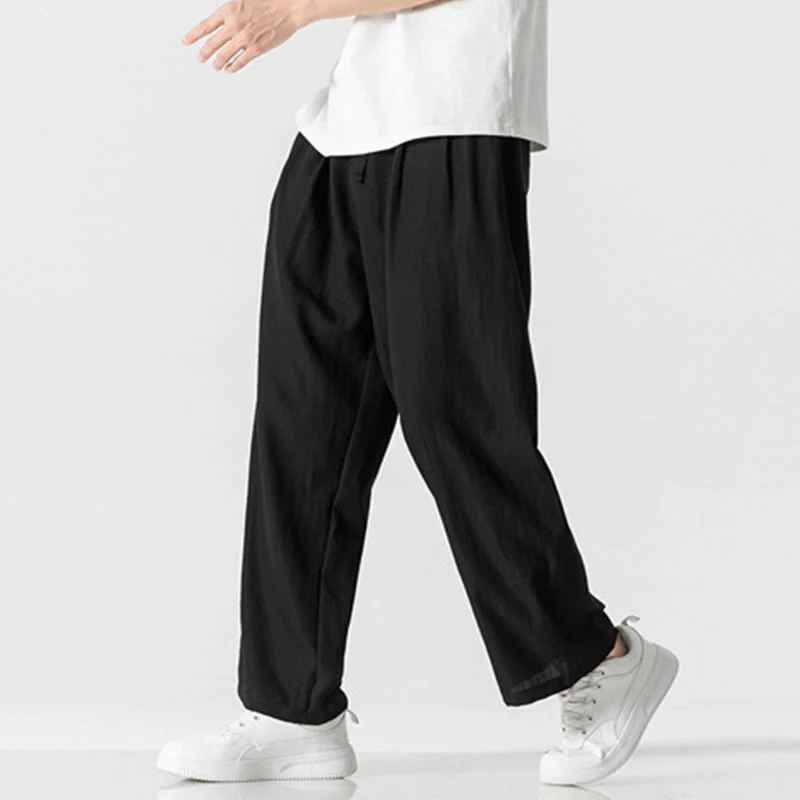 Buddha Stones Summer Casual Plain Straight Leg Design Men's Cotton Linen Drawstring Pants With Pockets