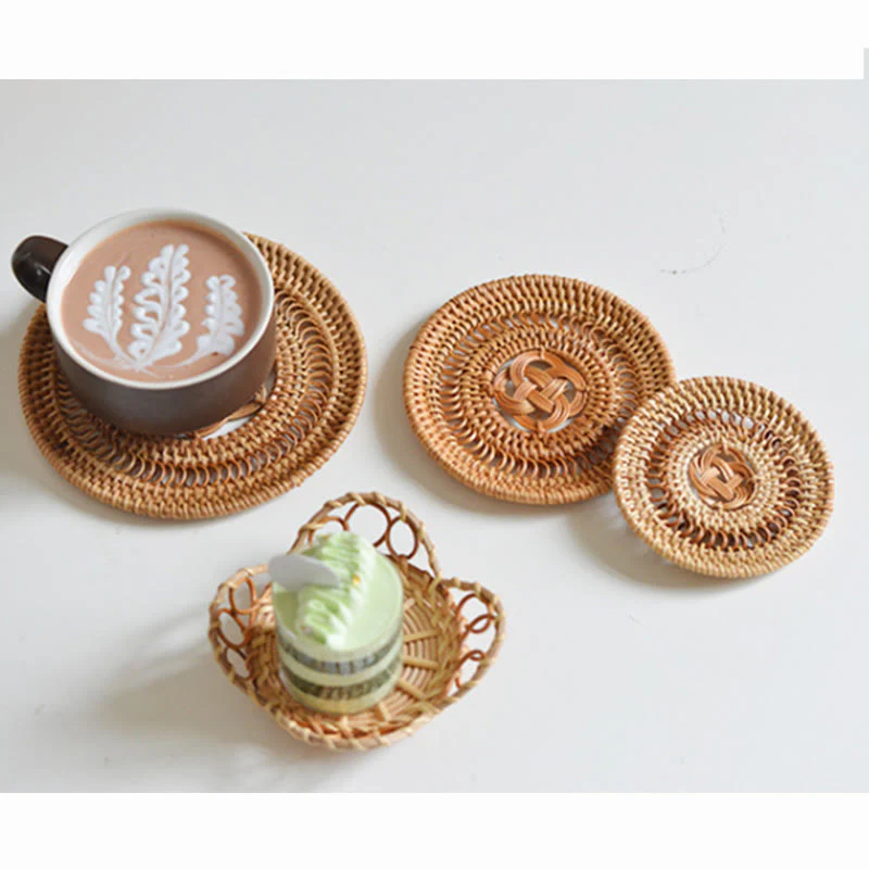 Buddha Stones Ceramic Flower Pattern Rattan Cup Mat Tea Cup Coaster