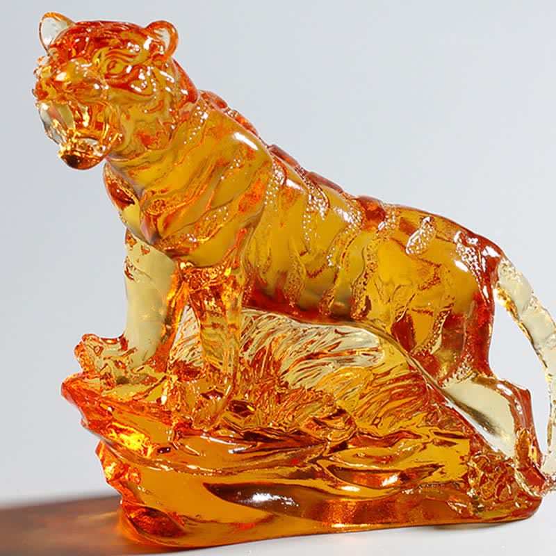 Buddha Stones Handmade Liuli Crystal Tiger Art Piece Protection Home Decoration