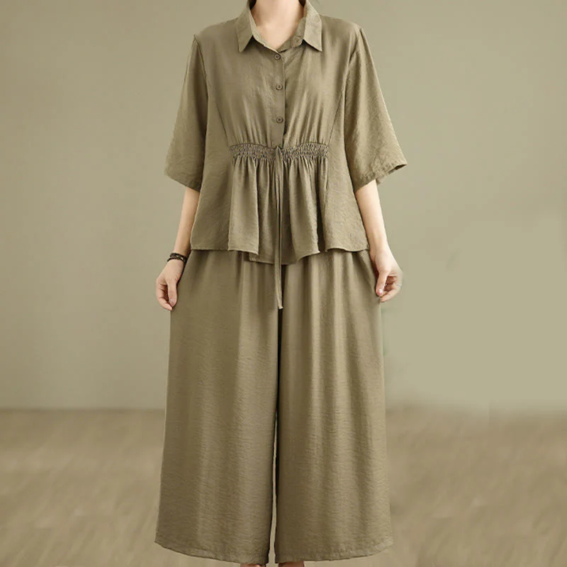 Buddha Stones 2pcs Casual Women's Stand Collar Shirt Loose Pants Meditation Clothing Set