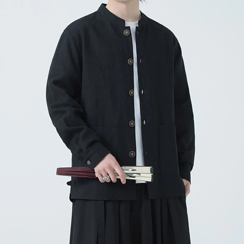 Buddha Stones Men's Button Ramie Linen Cotton Fleece Lined Jacket Shirt With Pockets