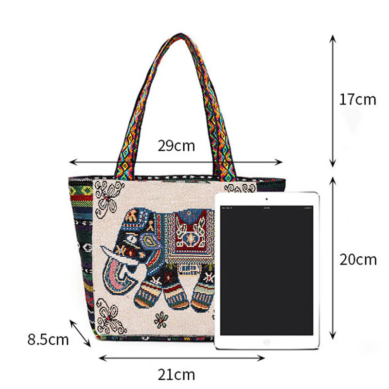 Buddha Stones Elephant Butterfly Embroidered Large Capacity Canvas Tote Bag Shoulder Bag