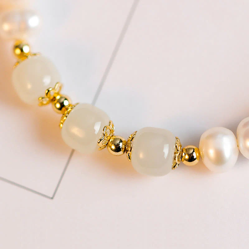 Buddha Stones 14K Gold Plated Natural Pearl Hetian Cyan Jade White Jade Sincerity Bead Chain Bracelet
