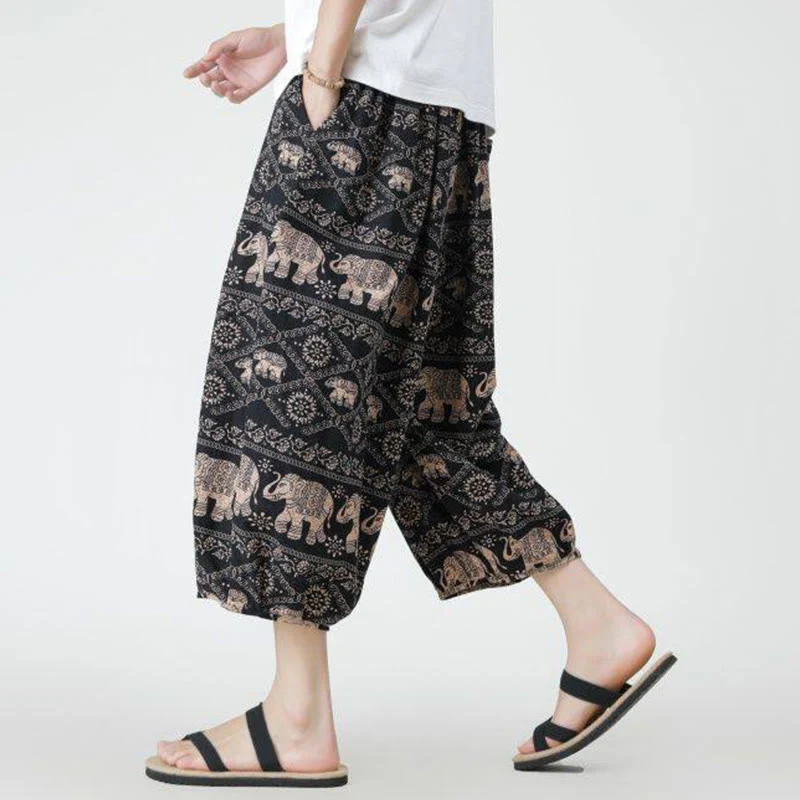 Buddha Stones Summer Square Patchwork Elephant Mandala Geometry Cotton Linen Men's 7-8 Length Pants With Pockets