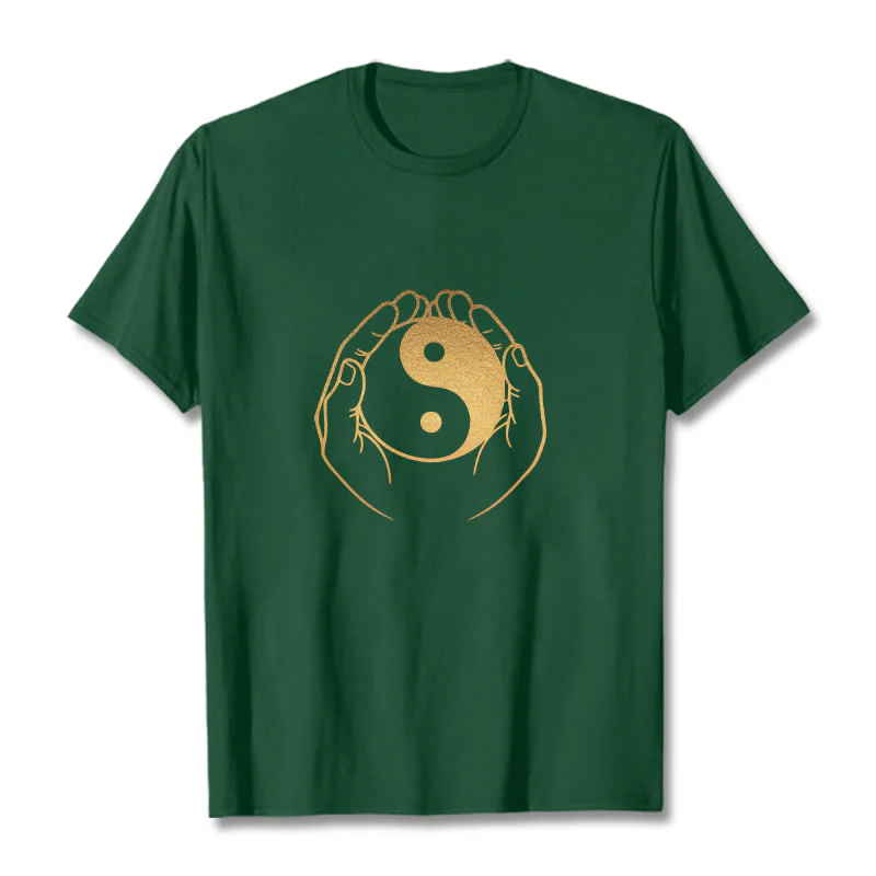 Buddha Stones Hands Holding A Golden Yin Yang Tee T-shirt