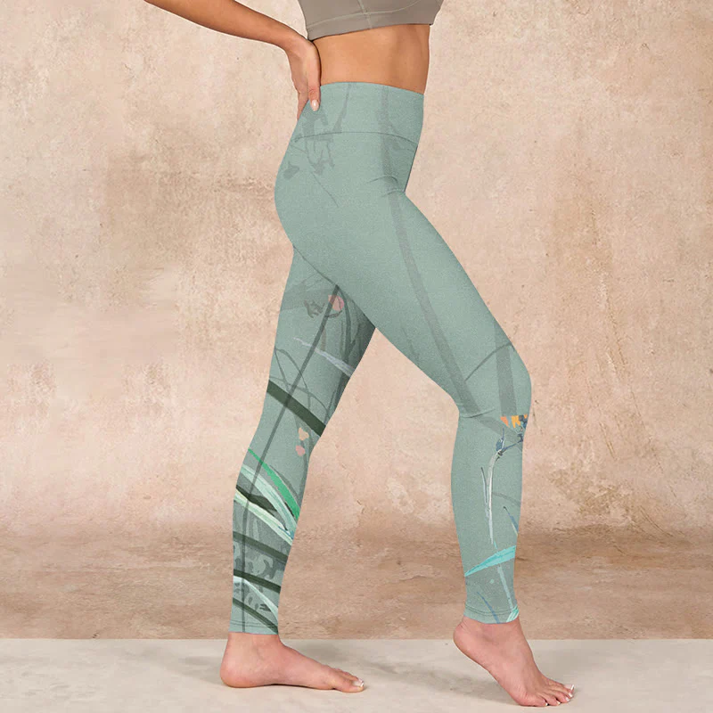 Buddha Stones White Pink Orchids Leaves Print Gym Leggings Women's Yoga Pants