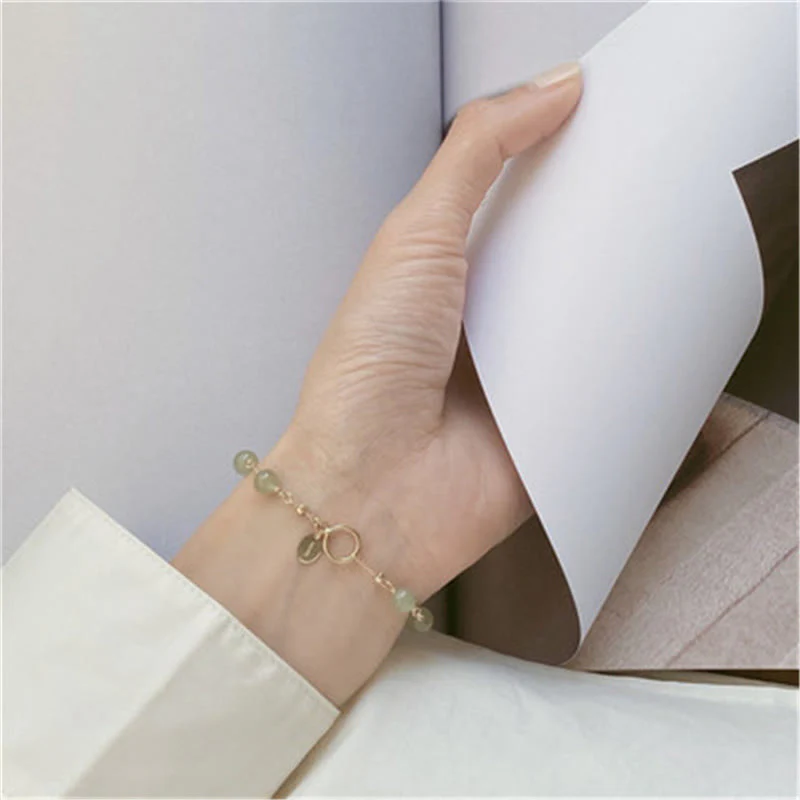 Buddha Stones 14k Gold Plated Hetian Jade Beaded Prosperity Chain Bracelet