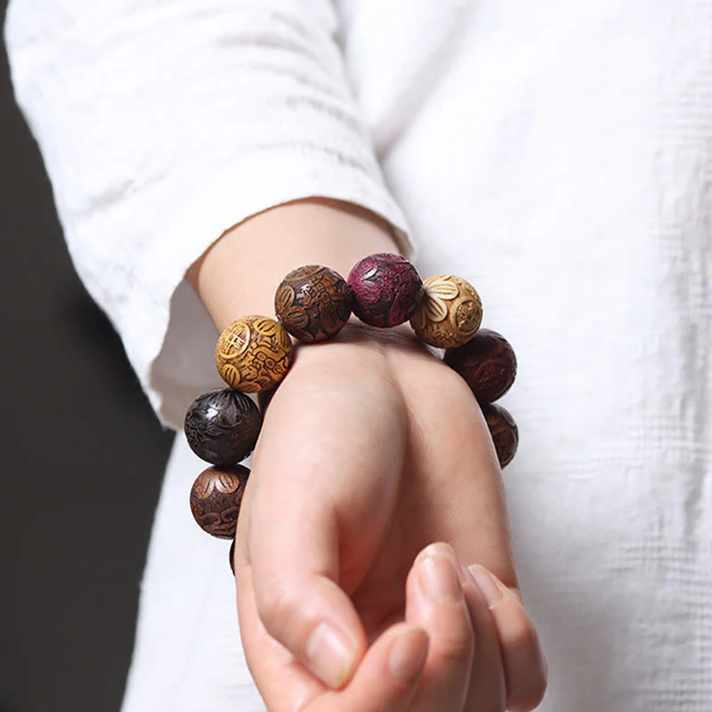 Buddha Stones Carving Sandalwood Chinese Zodiac Auspicious Dragon Phoenix Fu Character Healing Bracelet