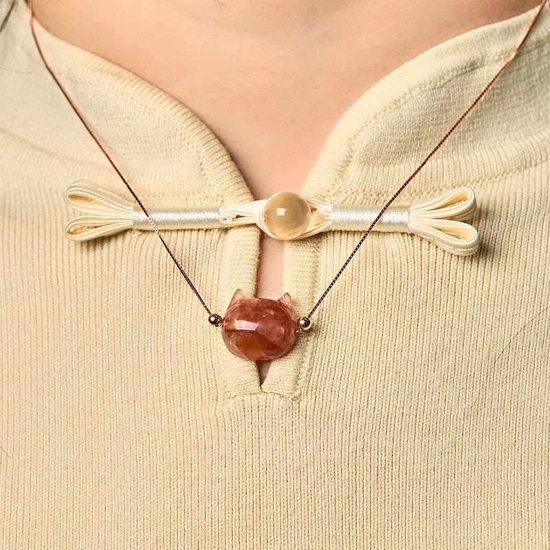 Buddha Stones 925 Sterling Silver Cat Head Natural Red Flower Quartz Protection Necklace Pendant