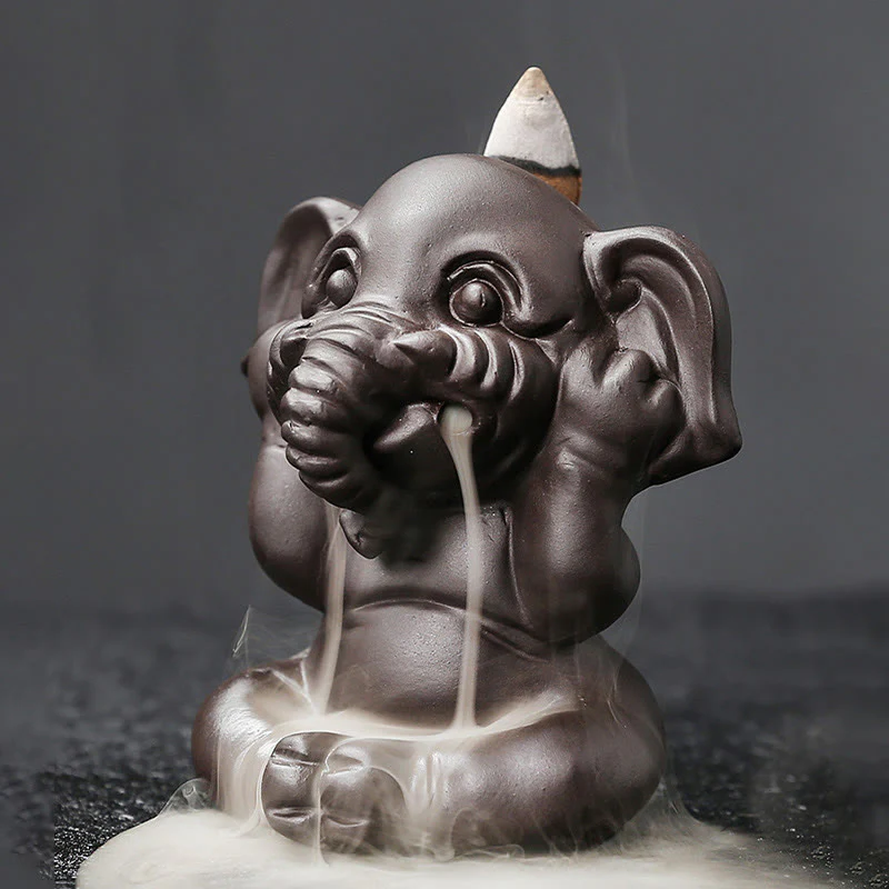 Buddha Stones Cute Elephant Purple Clay Backflow Smoke Fountain Peace Healing Incense Burner Decoration
