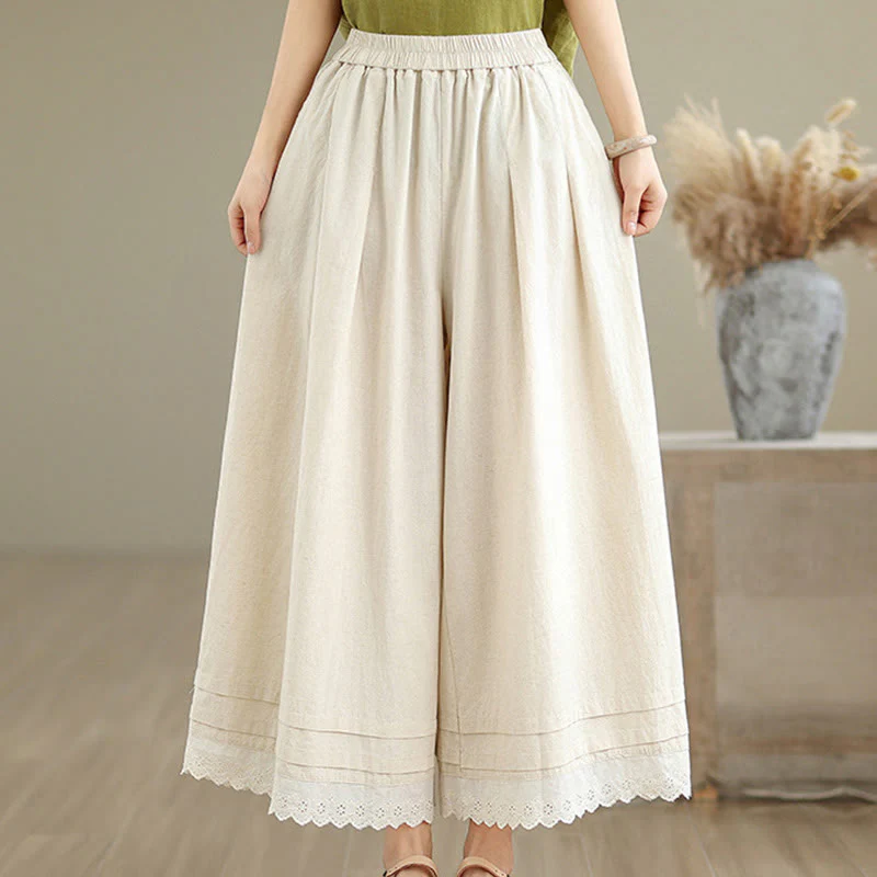 Buddha Stones Commute Simple Lace Design 7-8 Length Women's Wide Leg Cotton Linen Pants With Pockets