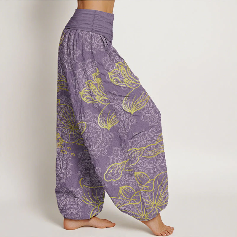 Buddha Stones Pure Cotton Golden Lotus Mandala Pattern Women's Elastic Waist Harem Pants