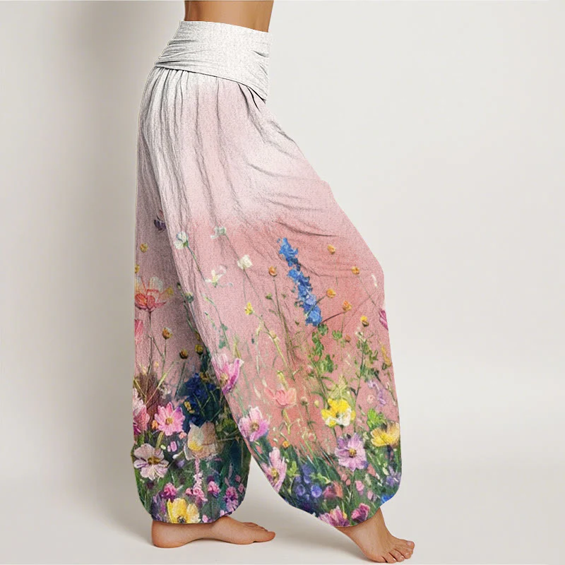 Buddha Stones Casual Watercolor Style Floral Pattern Women's Elastic Waist Harem Pants