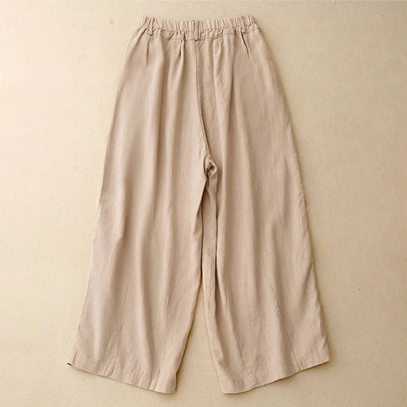 Buddha Stones Commute Vintage Solid Color Women's Wide Leg Cotton Pants With Pockets