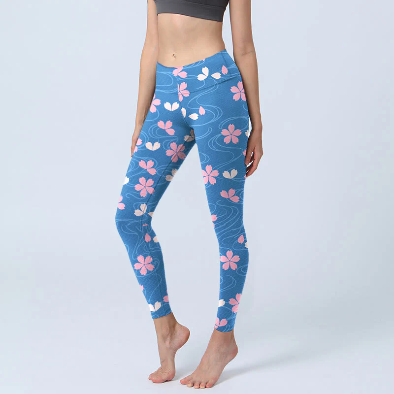 Buddha Stones Pink Cherry Blossoms Lines Print Gym Leggings Women's Yoga Pants