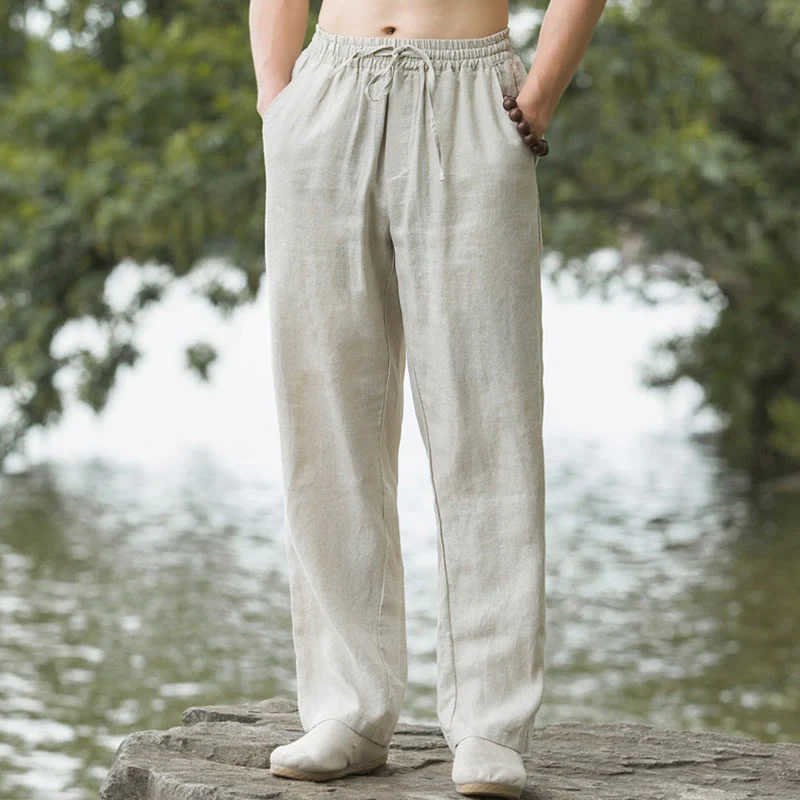 Buddha Stones Solid Color Cotton Linen Men's Wide Leg Pants With Pockets
