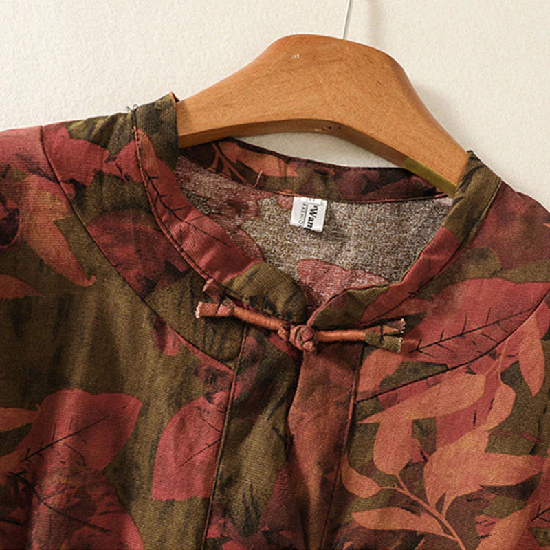 Buddha Stones Casual Printing Drawstring Chinese Frog-Button Cotton Linen Midi Dress With Pockets