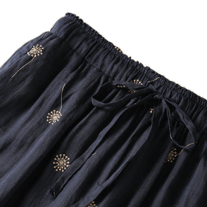 Buddha Stones MidnightBlue Commute Casual Dandelion Pattern Women's Wide Leg Cotton Linen Pants